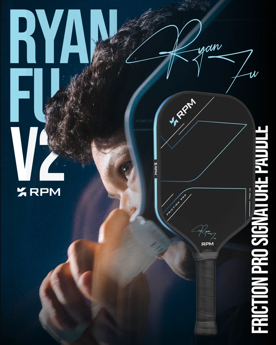 Ảnh quảng bá vợt RPM Friction Pro V2 bản chữ ký Ryan Fu nền xanh đậm