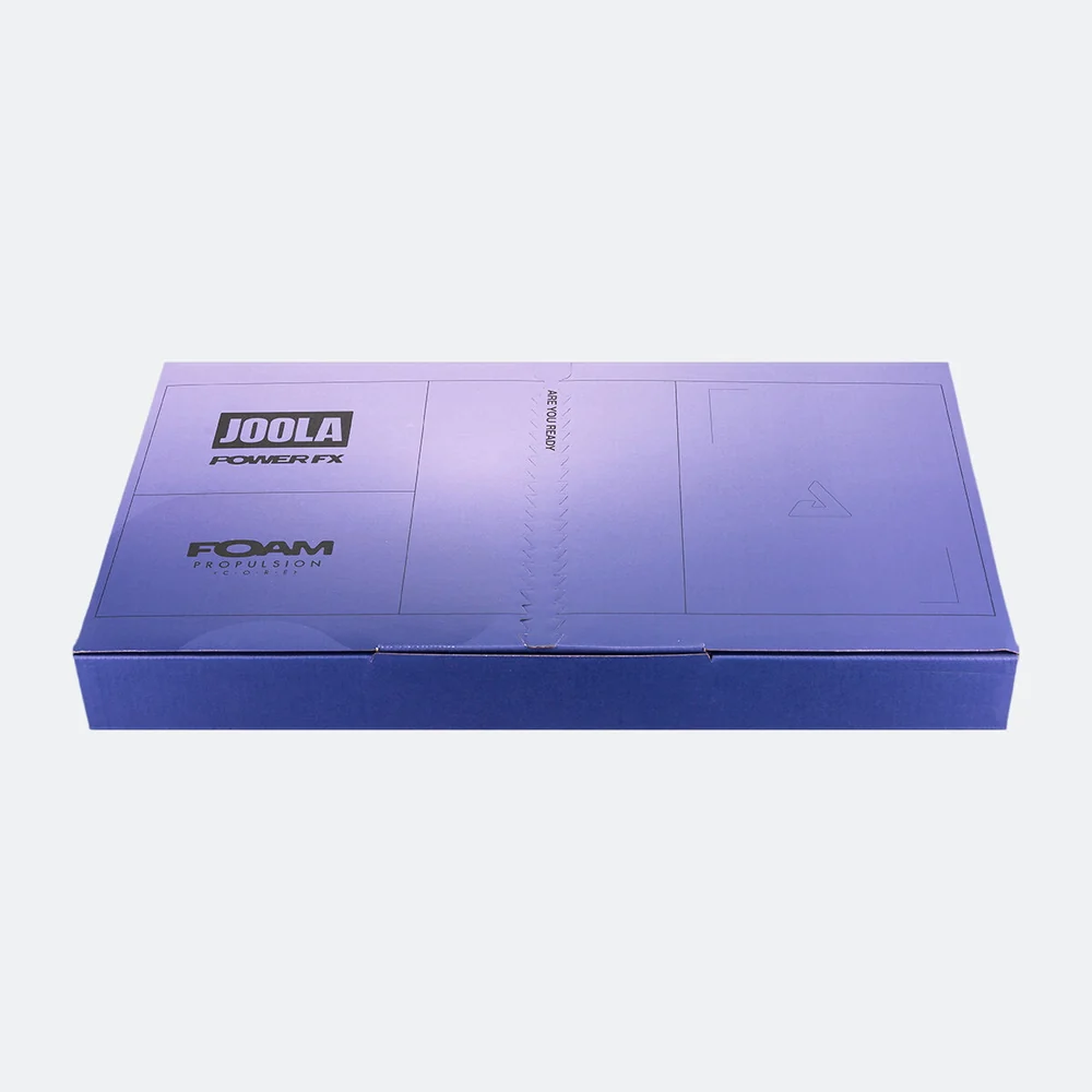 Hộp vợt JOOLA Power FX chụp chếch từ trên, thấy nắp và mặt trước hộp